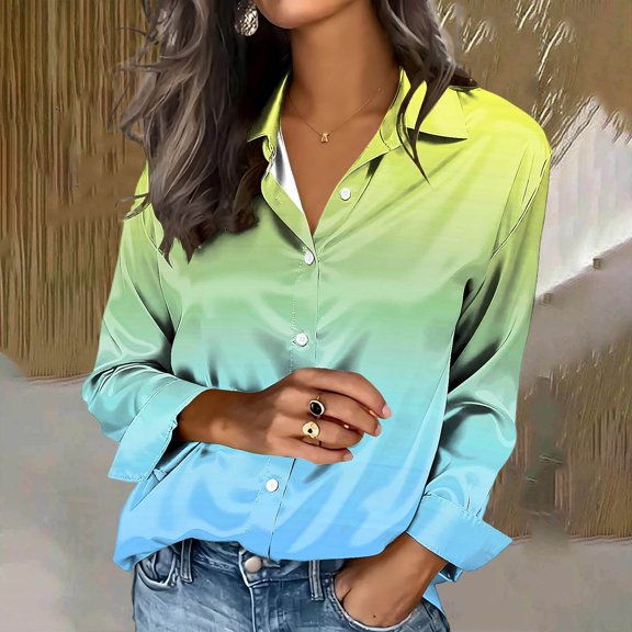 Button Down Shirt for Women Silk Satin Long Sleeve Blouse Ombre Gradient Fashion Collared Office Work Business Casual Relaxed Fit Dressy Top
