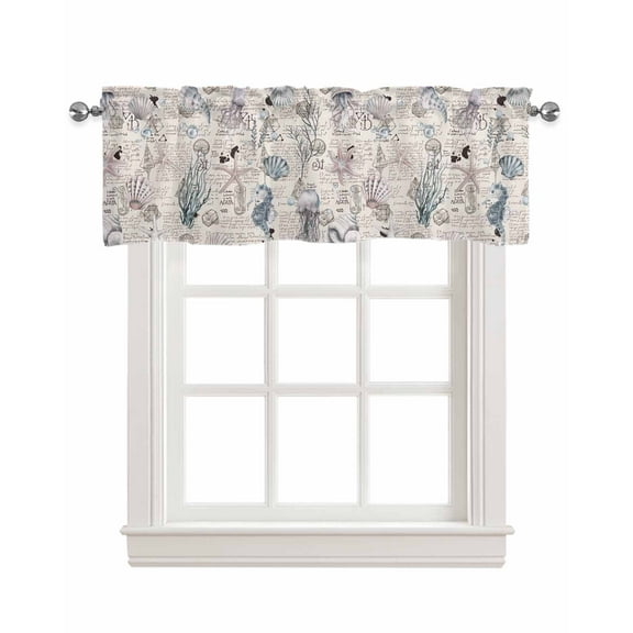 Grey Coastal Linen Curtain Valance for Bedroom/Bathroom/Kitchen/Living/Dining Room Window,Nautical Tropical Fish Starfish Shell Conch Pocket Topper Drapes Decorative Cafe Drapery Panel 54"x18"