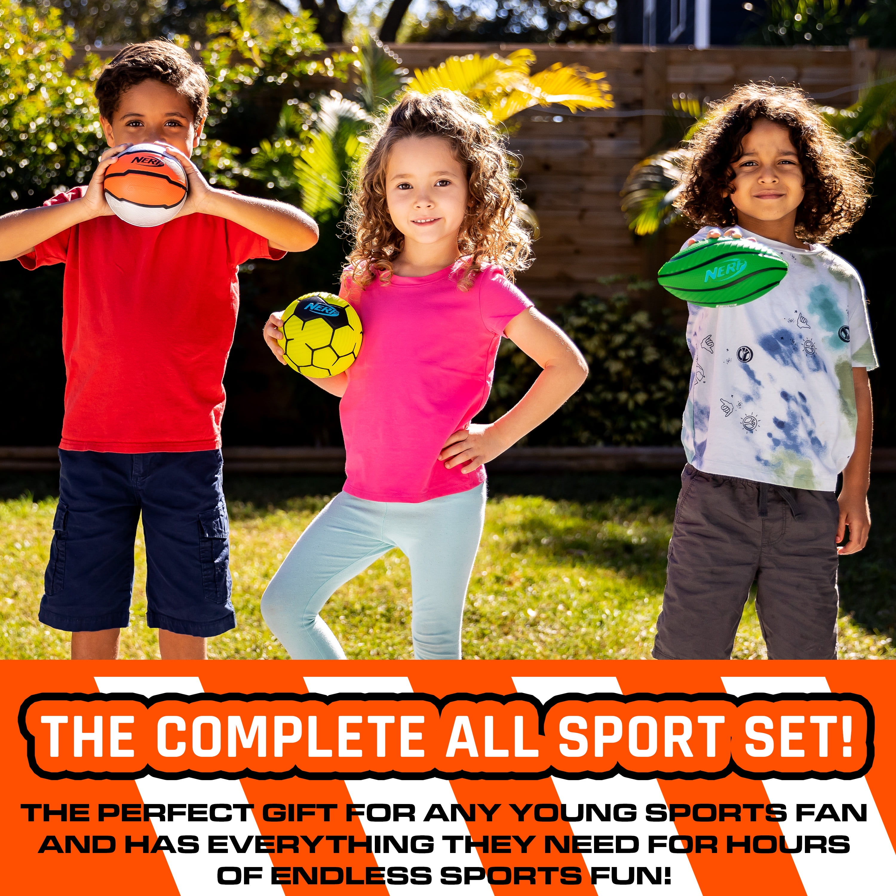 NERF Mini Foam Sports Ball Set - Foam Football, Soccer Ball + Basketball Set - NERF Soft Foam Sports Set for Kids - Multicolor