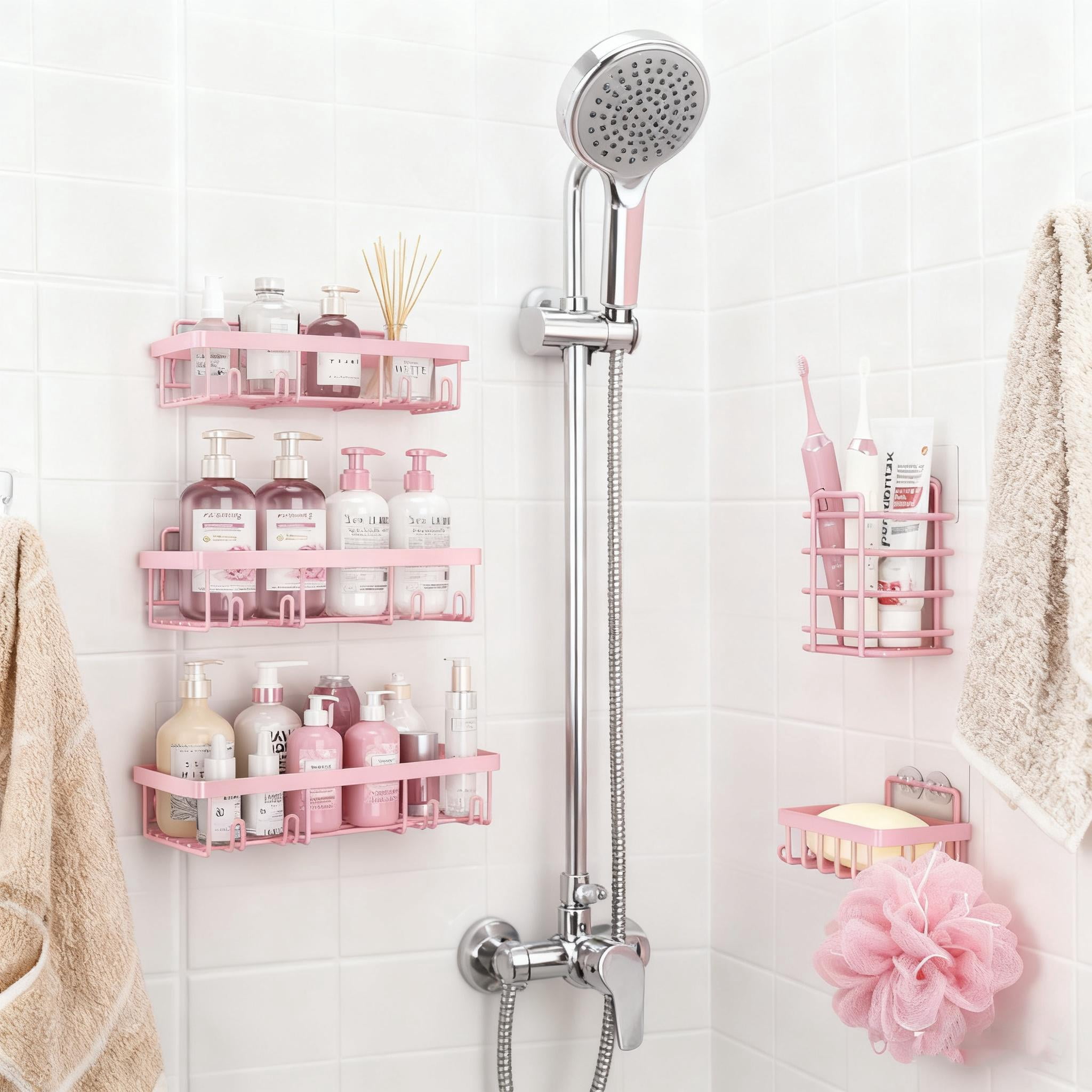 Pink 5-piece bathroom storage rack set, bathroom organizer, bathroom accessories, home gift. Must-have storage for apartments.