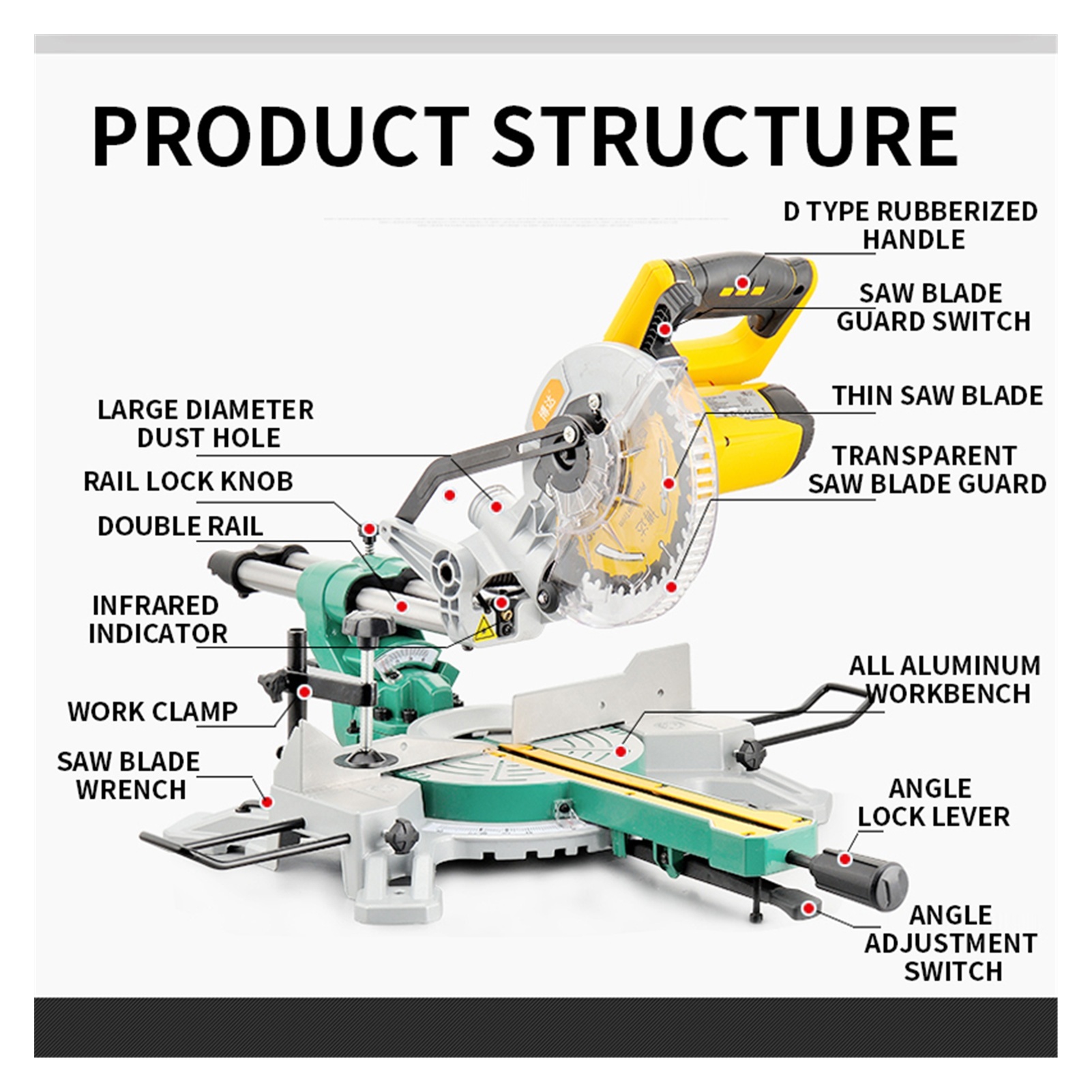 Upgraded 7-inch rod miter saw with extended guide rail multi-function miter 45 degree woodworking tool aluminum sawing machine