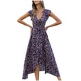 thumbnail image 1 of Hyknon Robes pour Femmes Mode Été Volant Bandage Décontracté Col en V Imprimé Manches Courtes Robe Décontractée Douce Fluide Ample, 1 of 4