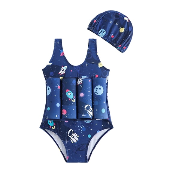 Odeerbi 1-5 Years Toddler Boys Girls Floatation Swimsuit with Swim Cap Cute Print One-Piece Buoyancy Float Swimsuit