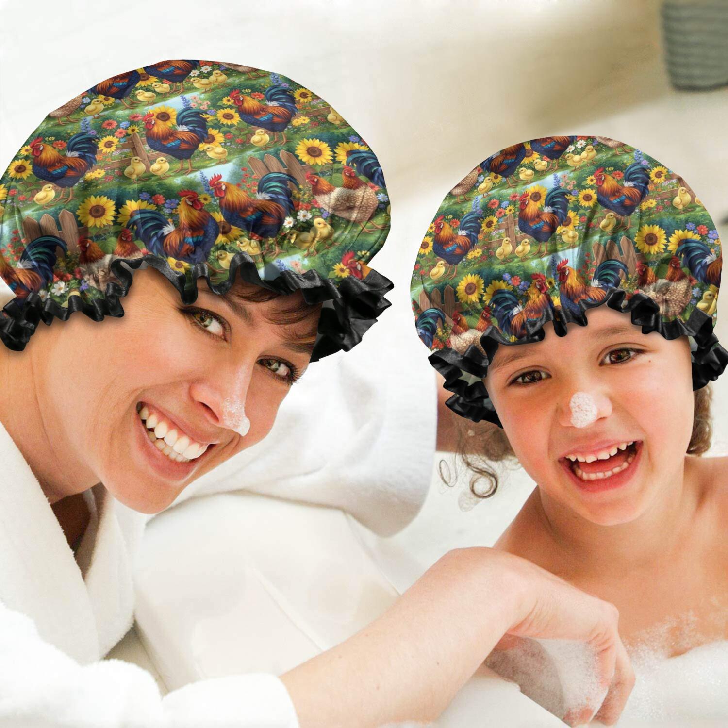 Shower Caps,Green Chicken Sunflower Pattern Waterproof Shower Cap for Women 4 Pieces,Double Reusable Hair Cover for Shower PEVA Elastic Stretch Hem