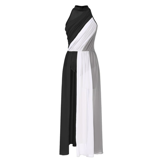 ranrann Robe de Danse Lyrique pour Femmes Col Halter Ourlet Froncé Bloc de Couleur Robe Maxi Fluide pour Performance Noir TTG
