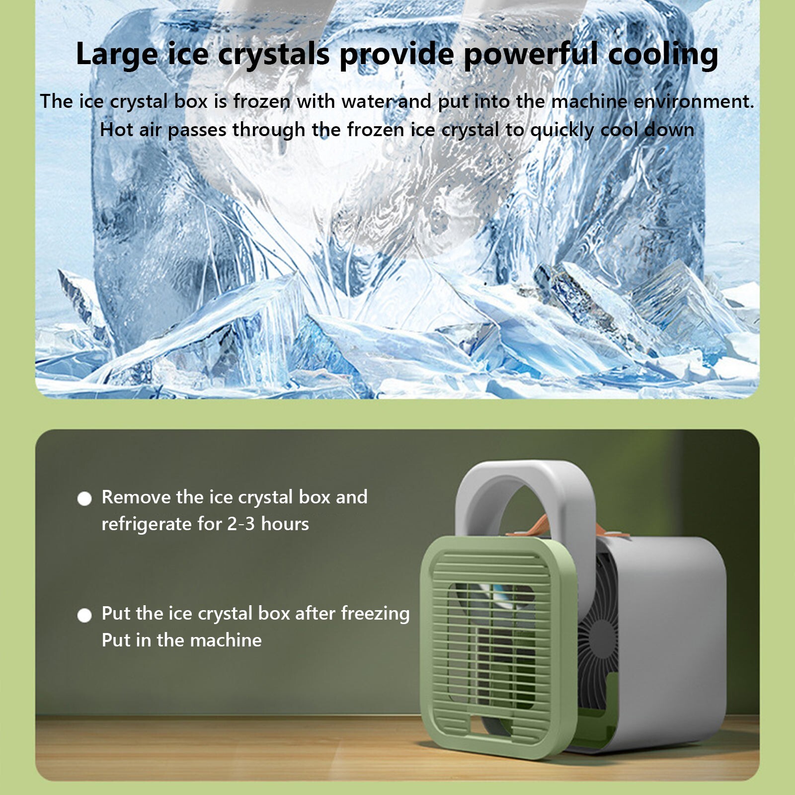 Lksixu Small Air Conditioner Fan, Portable Air Cooler with Ice Crystal Box, USB Rechargeable Personal Desk Fan with Handle, Low Noise 3 Wind Speed Strong Airflow Cooling Fan for Office Bedroom