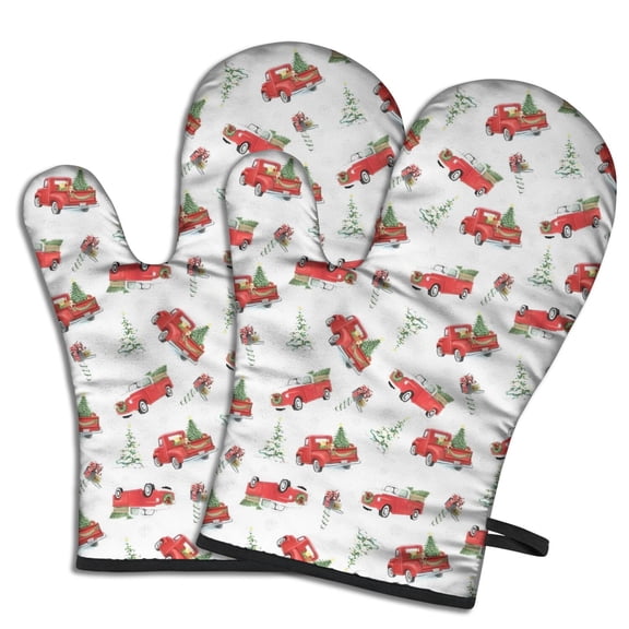 Cute Oven Mitts,Red Christmas Truck Pattern Oven Mitt 2-Pack Set,Kitchen Gloves for Oven,Heat Resistant Oven Mitts 7.7"x12"