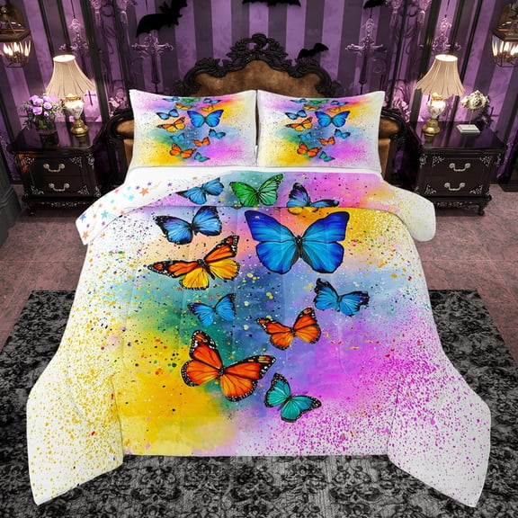 jejeloiu Colorful Butterflies Bedding Comforter Set,Wild Flying Animal Twin Comforter Sets,Watercolor Splashing Ink Bedding Set For Girls Kids,Super Cozy Room Decor Reversible,2 Pieces