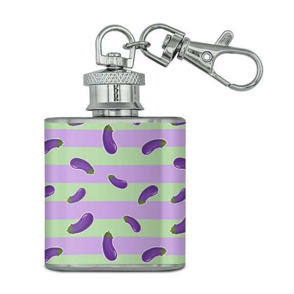Cute Eggplant Aubergine on Stripes Pattern Stainless Steel 1oz Mini Flask Key Chain