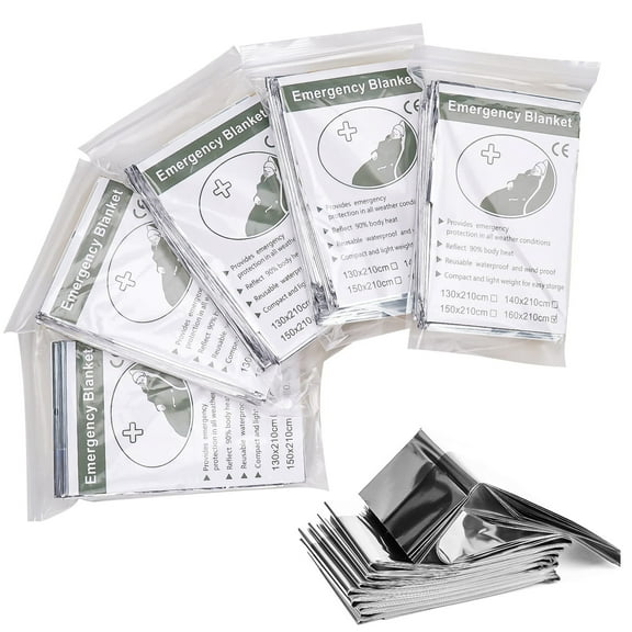 5 Pcs Safe Emergency Mylar Thermal Blankets Size: 84" L x 63" W Silver Foil Space Blanket. Designed for NASA, Outdoors, Survival, First Aid, Silver, 5 Pack