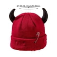 thumbnail image 2 of Unisex Knitted Beanie Hat, Devil Horns Knitted Hat, Halloween Distressed Skull Cap Funny Hip Hop Hat Windproof Warm Winter Yarn Hat For Men Women (Red), 2 of 7