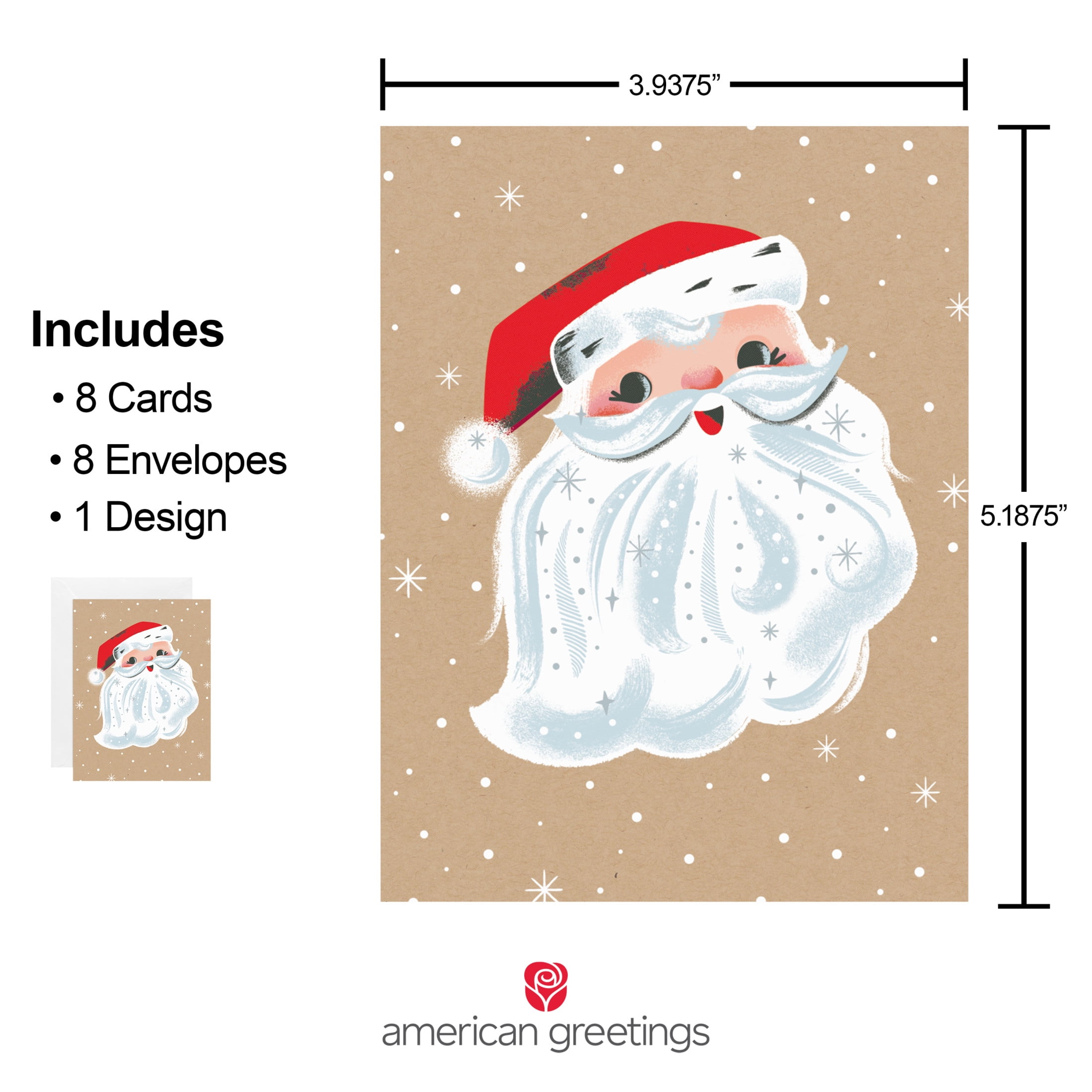 American Greetings 8-Count Blank Christmas Card Pack, Vintage Santa Design