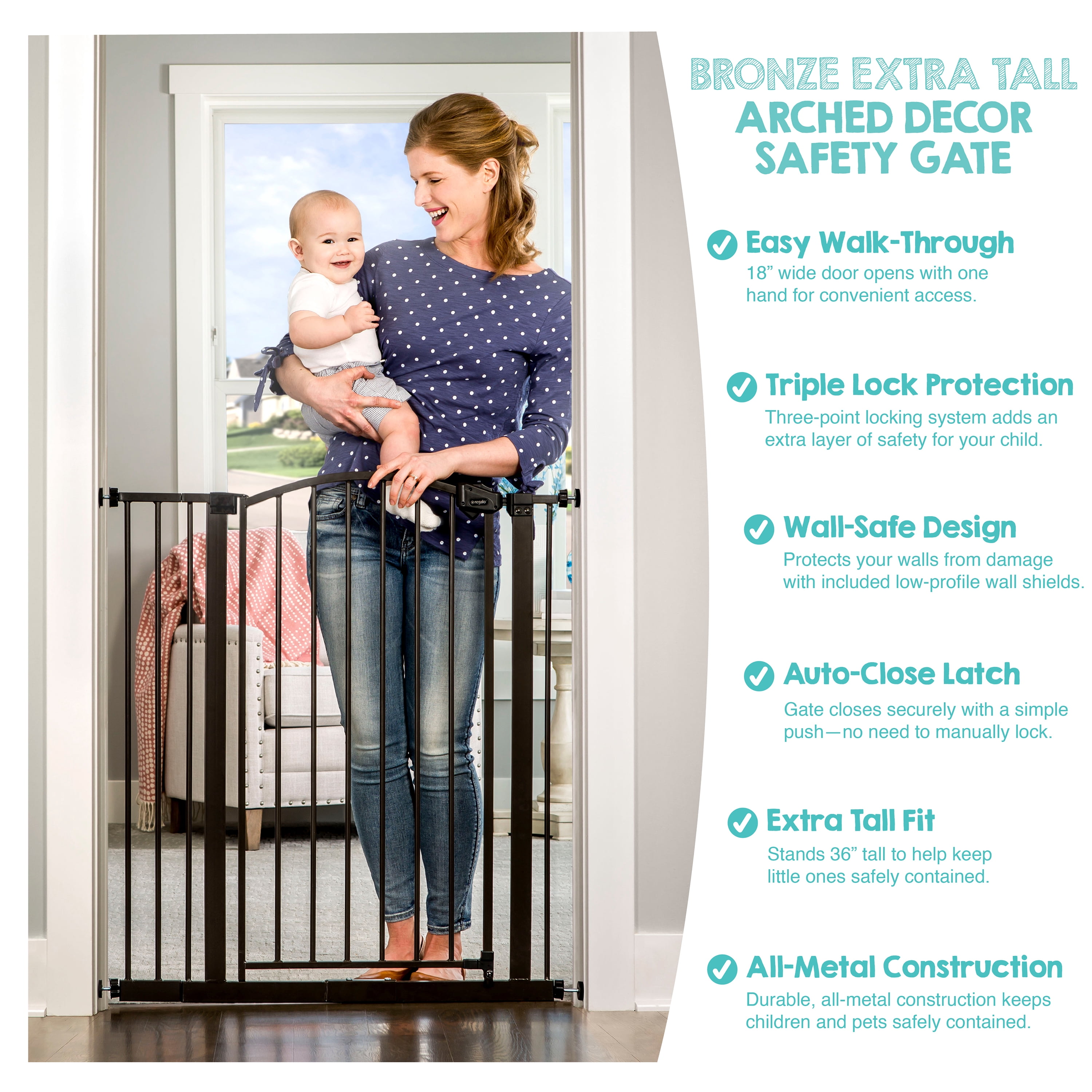 Regalo Extra Tall Bronze Arched Décor Baby Safety Gate, Age Group 6 to 24 Months, Baby Gate