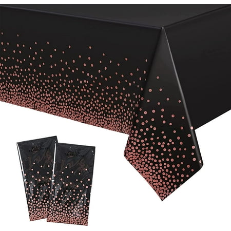 

2Pcs 137*274cm Black and Rose Gold Disposable TableCloth Party .Dot Confetti Rectangular Tablecover Plastic Tablecloths for Picnic.Baby Shower.Wedding.Christmas..Birthday Parties Decorations