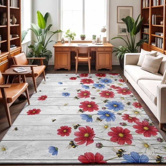 Large Area Rugs 8'x10', Red Blue Floral Carpet Runner Indoor Outdoor Rugs Home Decor Aesthetic, Independence Day Flowers Grey Wooden Non Slip Mats Washable Accent Rug for Living Room Bedroom