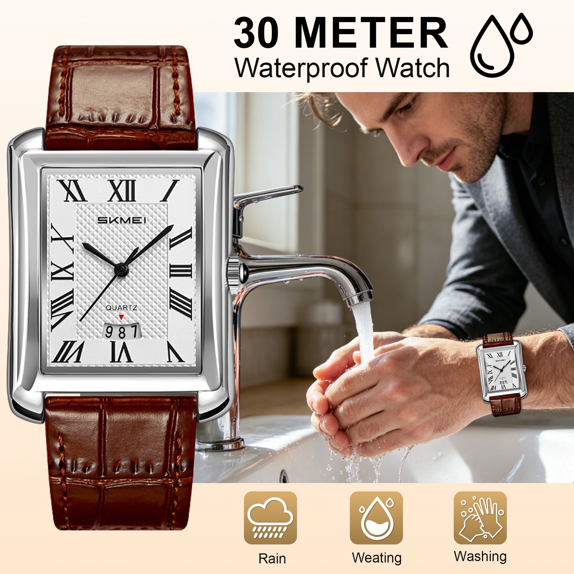 SKMEI Retro Classic Square Watches for Men Quartz Analog Waterproof Watch Leather Business Casual Mens Wrist Watch