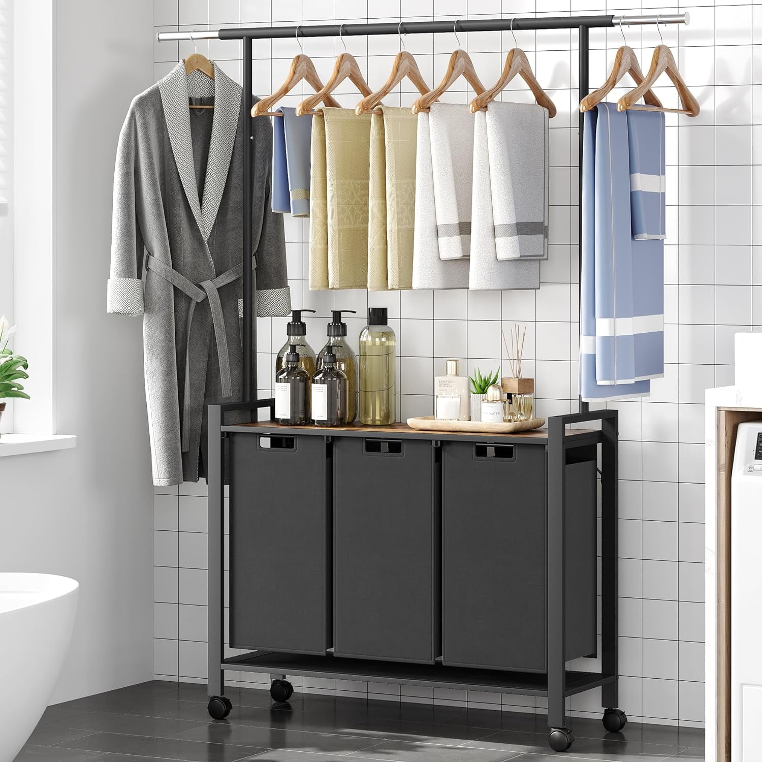Laundry Hamper Sorter with Retractable Hanging Rod & Locking Wheels - Heavy Duty Laundry Room Organizer with Shelf，3 Hamper