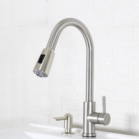 BETTER HOMES & GARDENS ELMONT HIGH SPOUT SINGLE HANDLE PULL DOWN KITCHEN FAUCET WITH SOAP DISPENSER, SATIN NICKEL