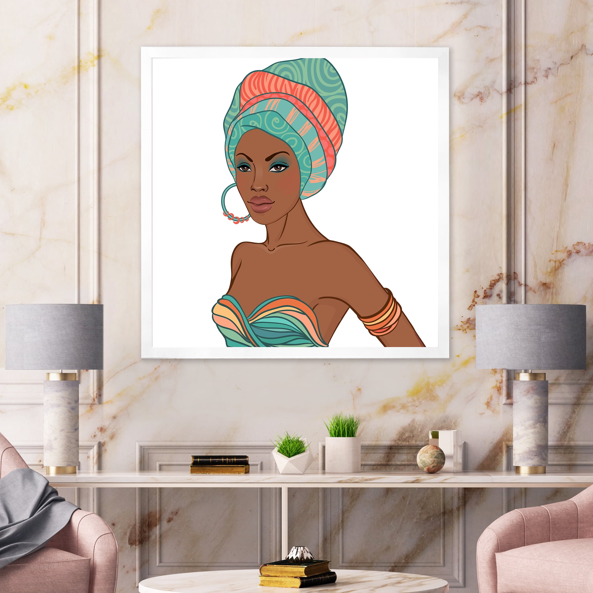 African American Woman With Turban and Earring 36 in x 36 in Framed Painting Canvas Art Print, by Designart