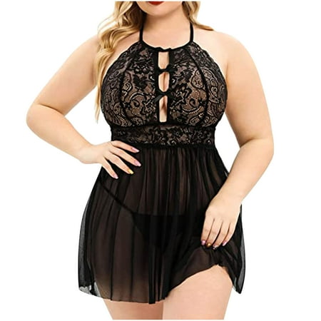 Mrat Lingerie Skirt Women Plus Size Lace Nightgown Hollow out Mesh Chemise Nighty Lingerie S-47 Black L