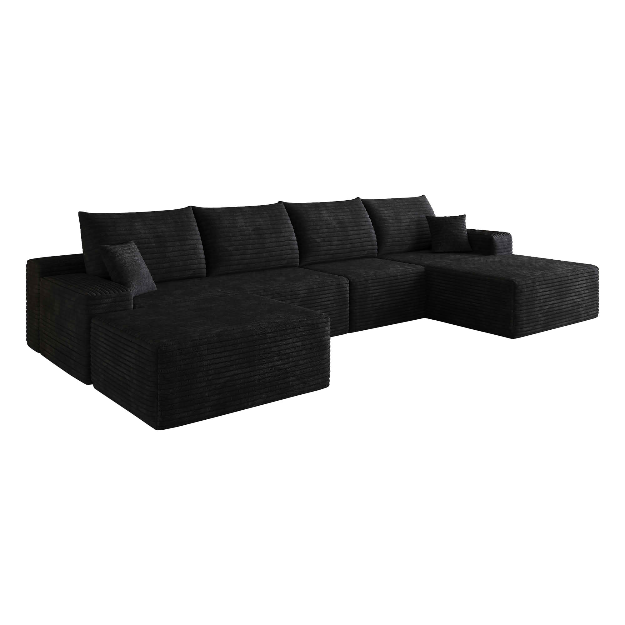 MAYEERTY 135-Inch Black Plush Corduroy 5-Seat U-Shaped Cloud Modular Sectional Sofa, Deep Seat Corner Couch with Ottoman No Assembly Required