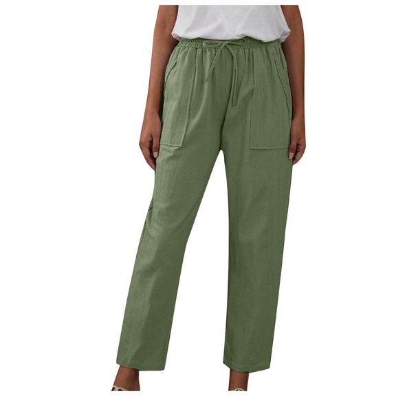 QUYUON Women's Linen Pants Sale Fashion Casual Cotton Linen Solid Color Pocket Loose Pants Womens Lounge Pants Long Pant Leg Length Loungewear Style P6980 Green XXL