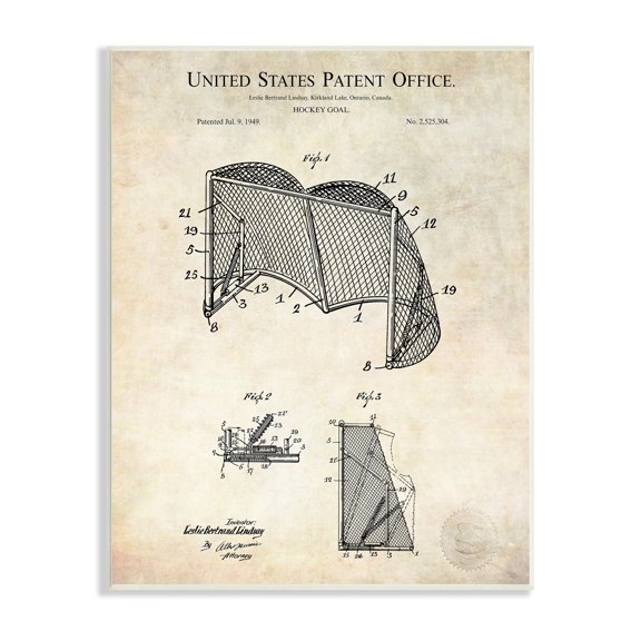 Stupell Industries Sports Hockey Goal Diagram Blueprint Patent Text Wood Wall Art, 10 x 15, Design by Karl Hronek
