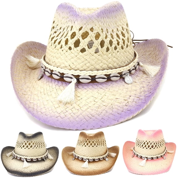 Women Straw Cowboy Hats, Western Cowgirl Hat for Holiday, Foldable Vacation Beach Sun Hat with Wide Brim for Summer