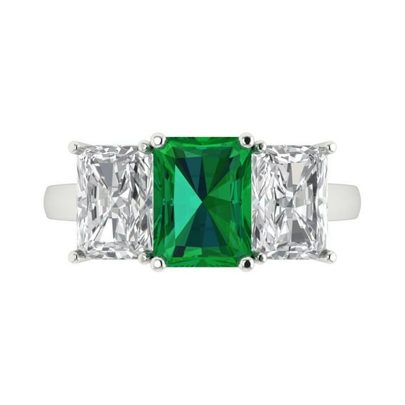 Clara Pucci 14K White Gold 4ct Emerald Three-Stone Ring for Women