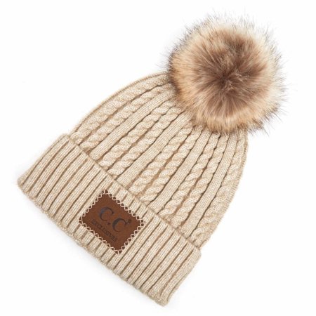 C.C Double Braided Knit Pom Beanie with C.C Brand Leather Patch, Beige