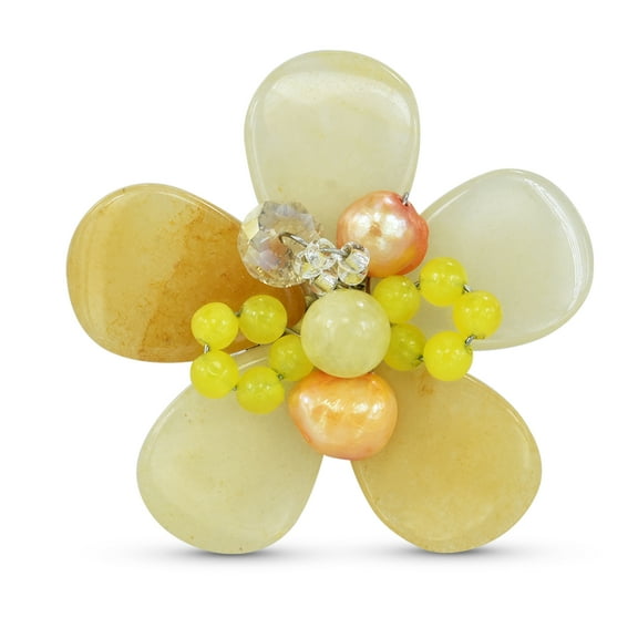 Bright Tropical Flower Yellow Jade, Agate, Crystals, and Pearls Floral Ring