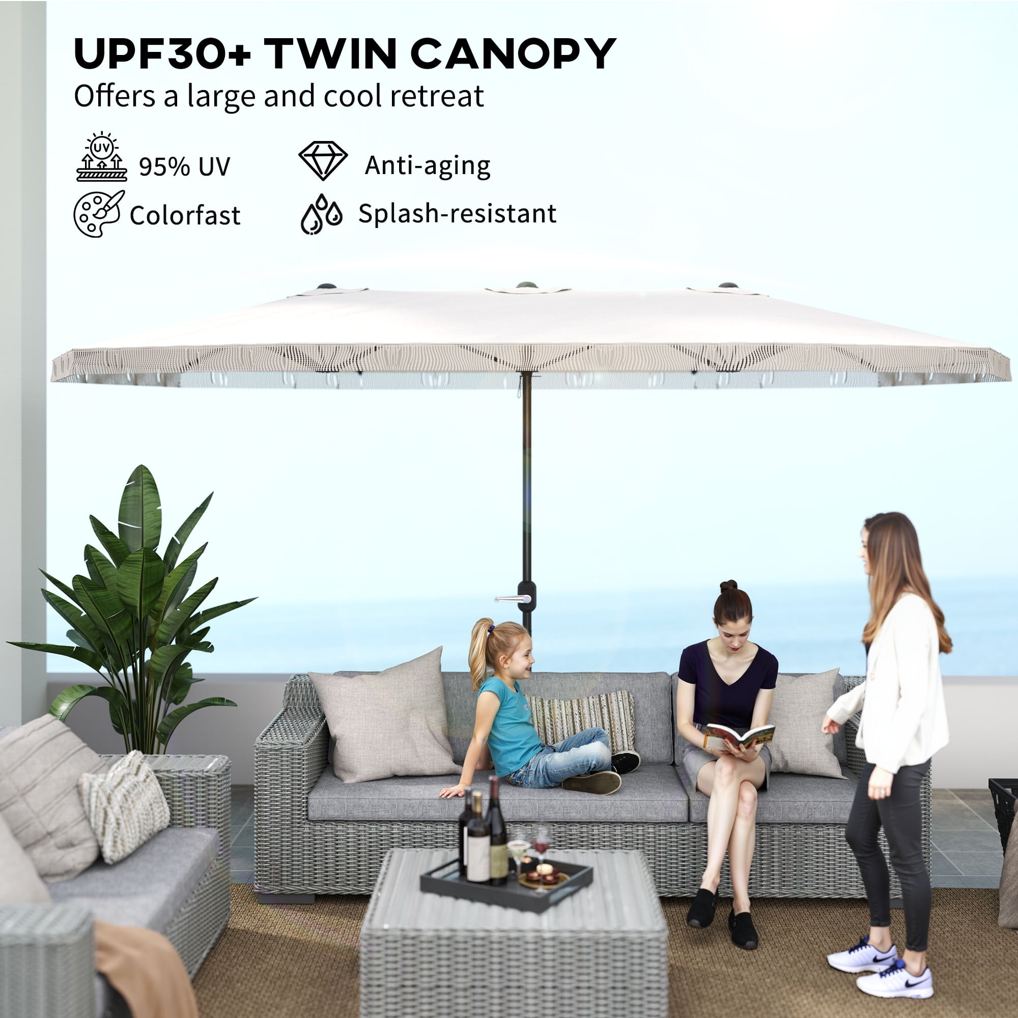 Outsunny 15ft Extra Large Patio Umbrella, UPF30+ Double-sided Rectangle Umbrella with Easy Crank Handle, 2 Vents for Garden Pool Lawn, Cream White