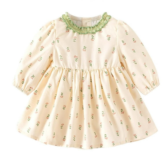 Odeerbi Infant Girls Fall Winter Cotton Dress Princess Dress Spring Fall New Floral Sweet Baby Dresses Long Sleeve Skirt Dresses Beige