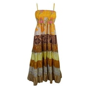 Mogul Womens Vintage Long Dress Silk Sari Ethnic Print Patchwork Indian Sundress