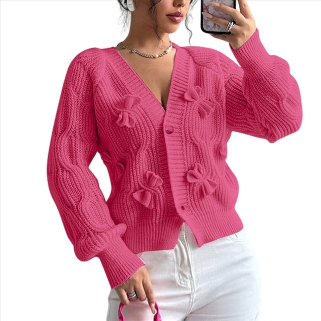 Cárdigan de Crochet para Mujer, Cuello en V, Larga, Botones Decorados, Suéter de Punto, Tops Rosa Roja L