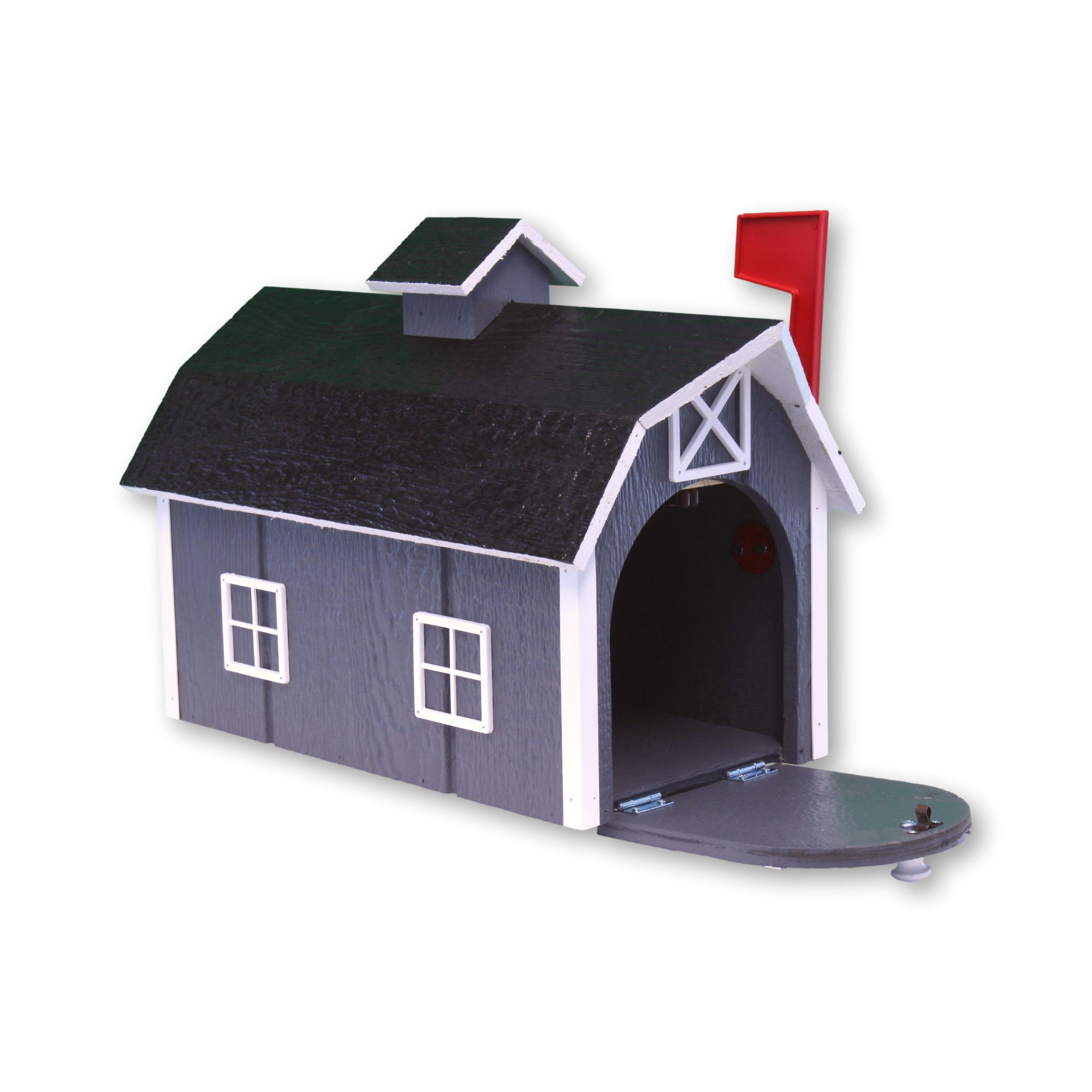 AmishToyBox.com Deluxe Wooden Mailbox, Post Mount, Dutch Barn Style Dark Gray and White