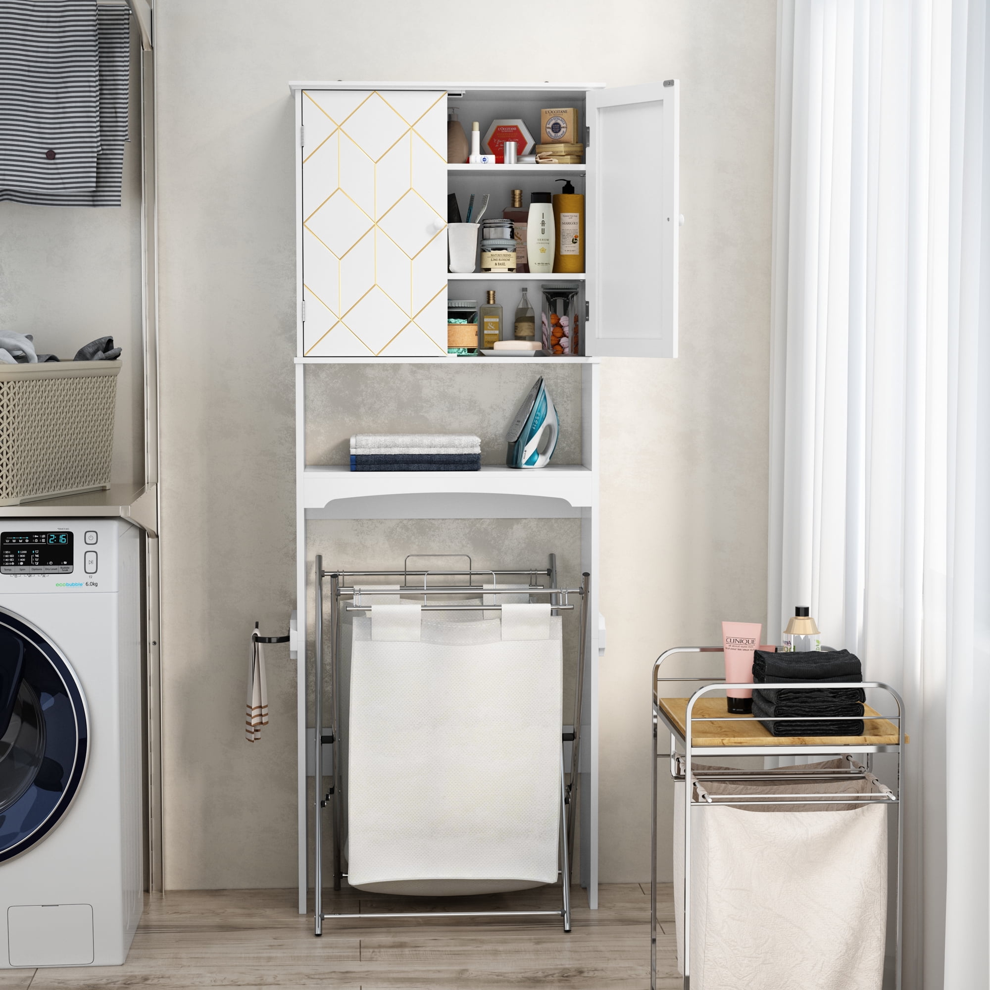 HLR Over The Toilet Storage Cabinet, Bathroom Above Toilet Storage Cabinet with Doors and Adjustable Shelves, White