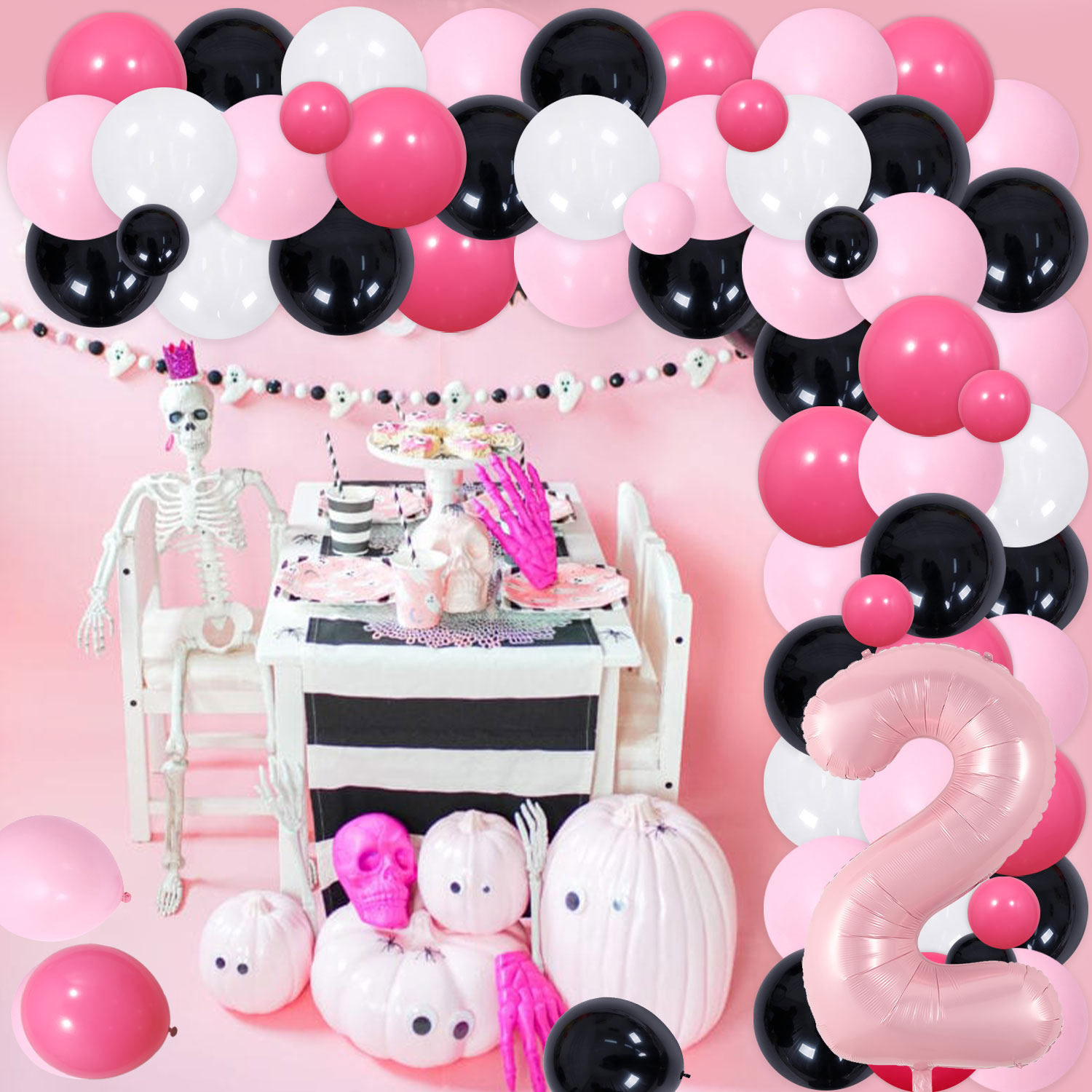 Bad Two The Bone 2nd Birthday Party Decorations for Girls Pink Balloon Garland Arch Kit with Skull Bone Bad Two The Bone Backdrop, Rock n Roll Music Theme 90s Second Birthday Party Decor