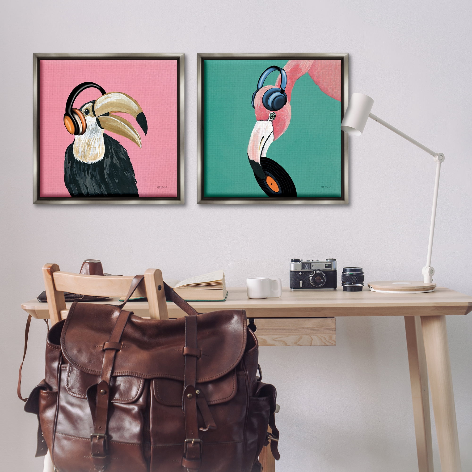 Stupell Industries Toucan and Flamingo Musical Pals Animals Painting Gray Floater Framed Canvas Art Print Wall Art, 25 x 25, Set of 2