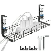Under Desk Cable Management Tray No Drill, Metal Cord Management Under Desk Basket with Clamp, Inward or Outward Computer Wire Organizer for Desk, Office Home Cable Organizer Rack Shelf Black