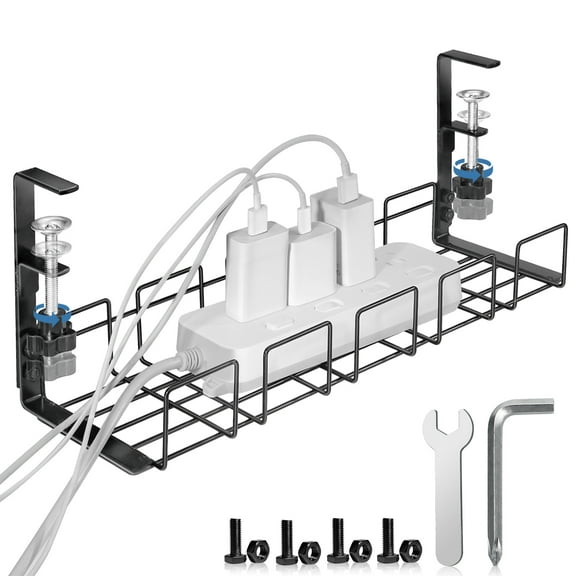 Under Desk Cable Management Tray No Drill, Metal Cord Management Under Desk Basket with Clamp, Inward or Outward Computer Wire Organizer for Desk, Office Home Cable Organizer Rack Shelf Black