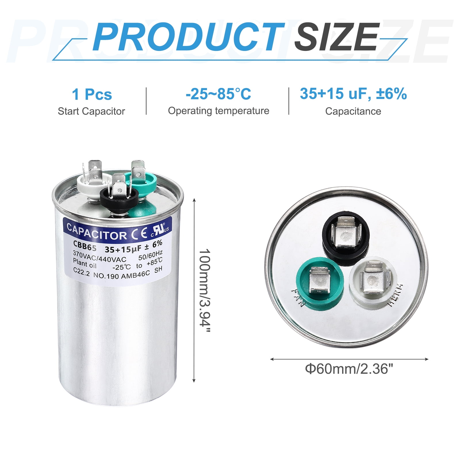 Uxcell 35+15 MFD CBB65 Run Start Capacitor 35+15 uF, 370/440V Round AC Capacitor for AC Motor Run, HVAC, Air Conditioner, Condenser Motors