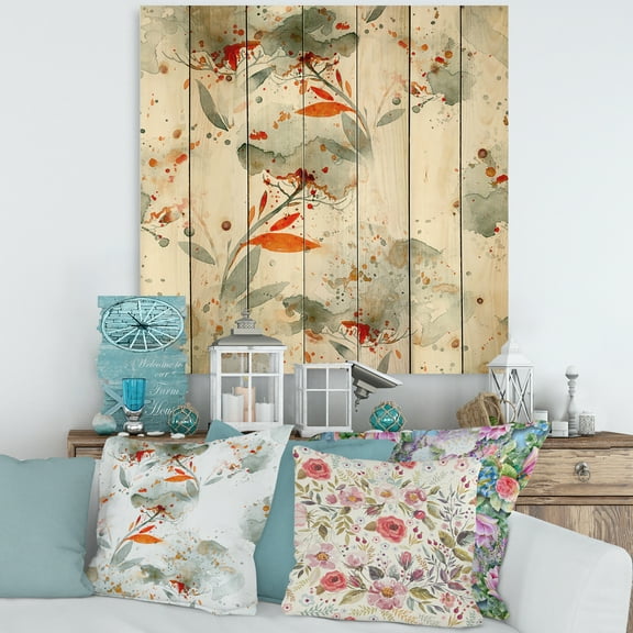 Designart 'Orange and Green Wildflowers I' Modern Print on Natural Pine Wood
