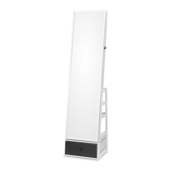 KFFKFF Mirror Jewelry Cabinet, Lockable Full-Length Mirror with LED Lighting, Velvet Interior, and Storage Drawer, Rotates 360 Degrees, Free-Standing Jewelry Cabinet, White