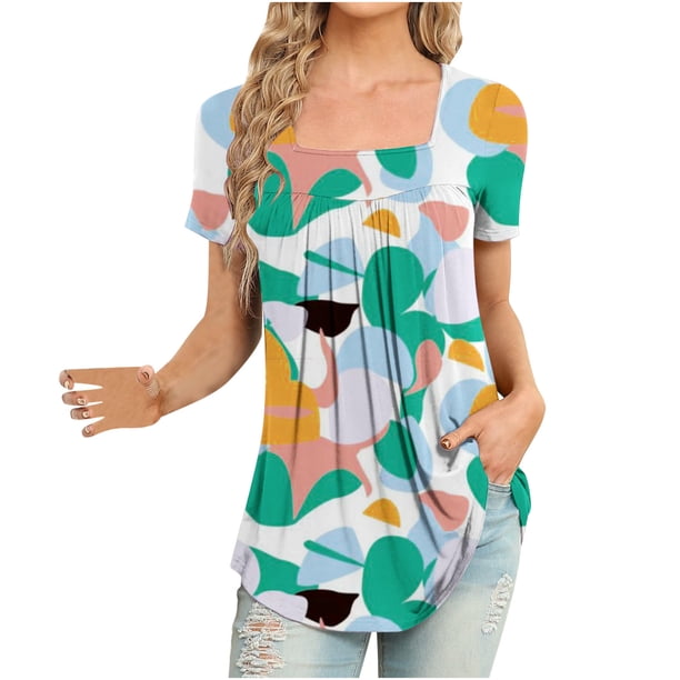 Blusa con estampado de manga corta y cuello cuadrado informal cómoda a la moda para mujer OAVQHLG3B Store lin121212