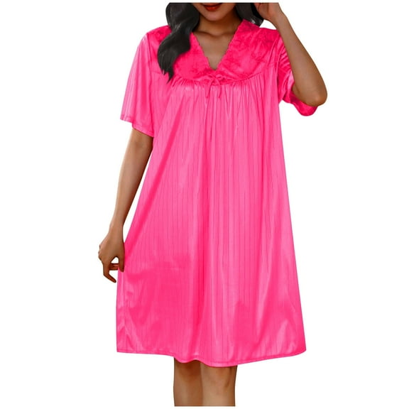 Women's Sleepwear New Women's Nightgown Short Sleeve Sleepwear V Neck Lace Patchwork Tshirts Dress Loose Pajamas Comfy Nightdress Pinks One Size
