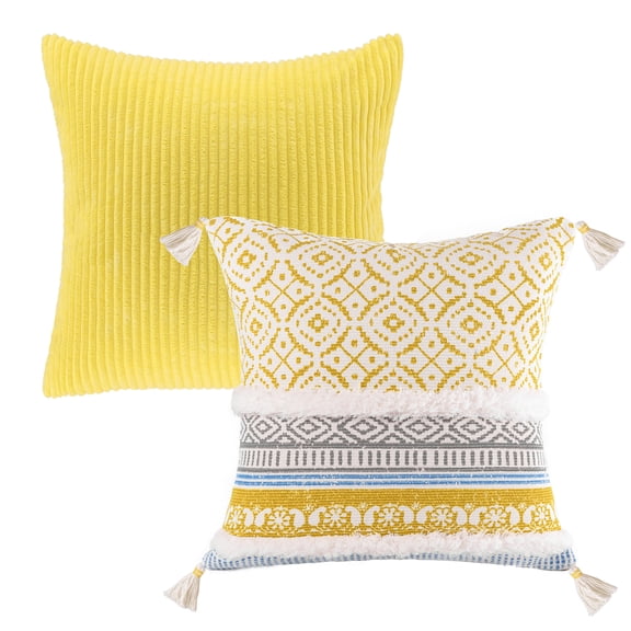 Phantoscope 18" x 18" Yellow Striped Velvet Polyester Decorative Throw Pillow, Strong Zipper 2 Count