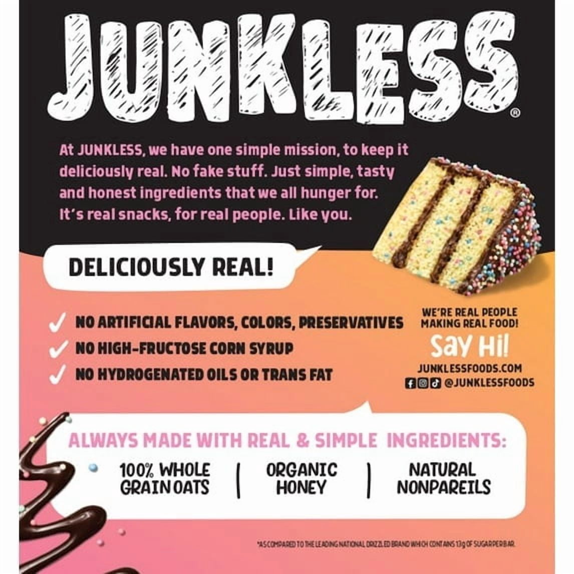 JUNKLESS Drizzled Birthday Cake Chewy Granola Snack Bars, 1.1 oz, 8 Count pack of 2