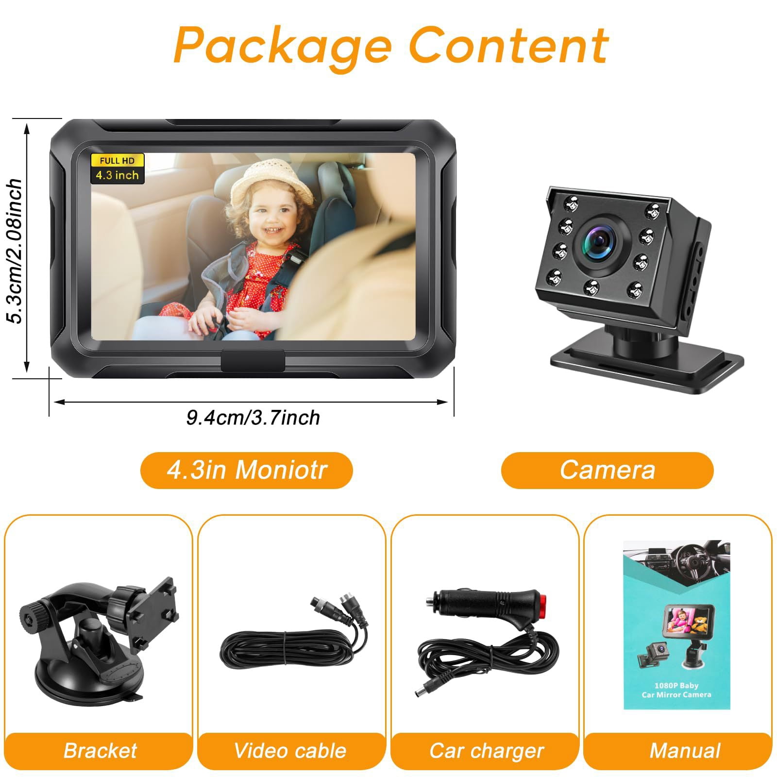 DXIMRX Baby Car Back Seat Camera, 4.3" HD 1080P Monitor Screen Camera Night Vision Infant Mirror