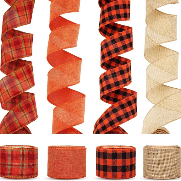 4 Rolls Autumn Decor Burlap Ribbon - 6.5 Yards Thanksgiving Wired Edge ...